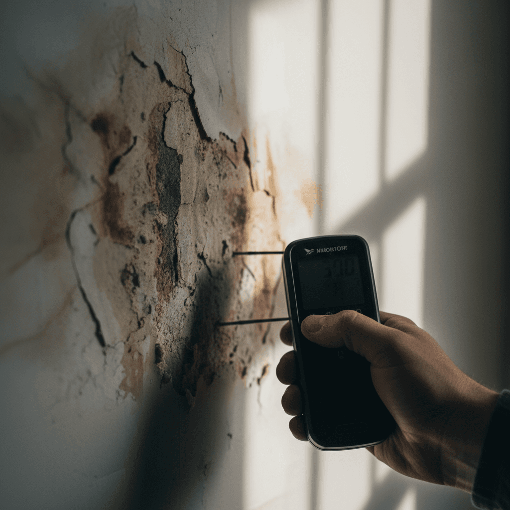 Professional mold technician using moisture meter on water-damaged wall
