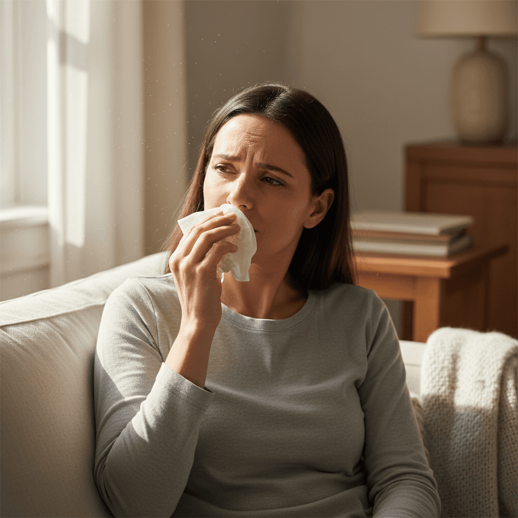 Person experiencing respiratory symptoms indoors