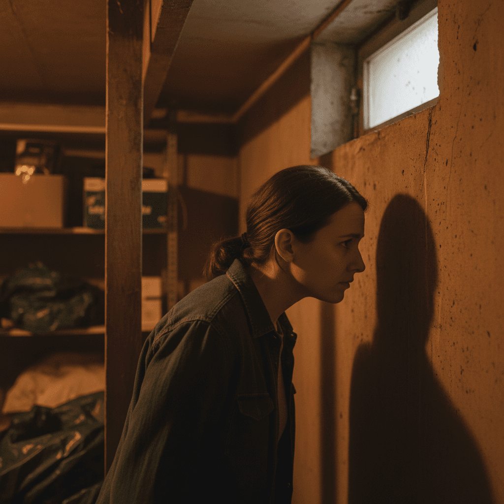 Person detecting musty odor in basement area