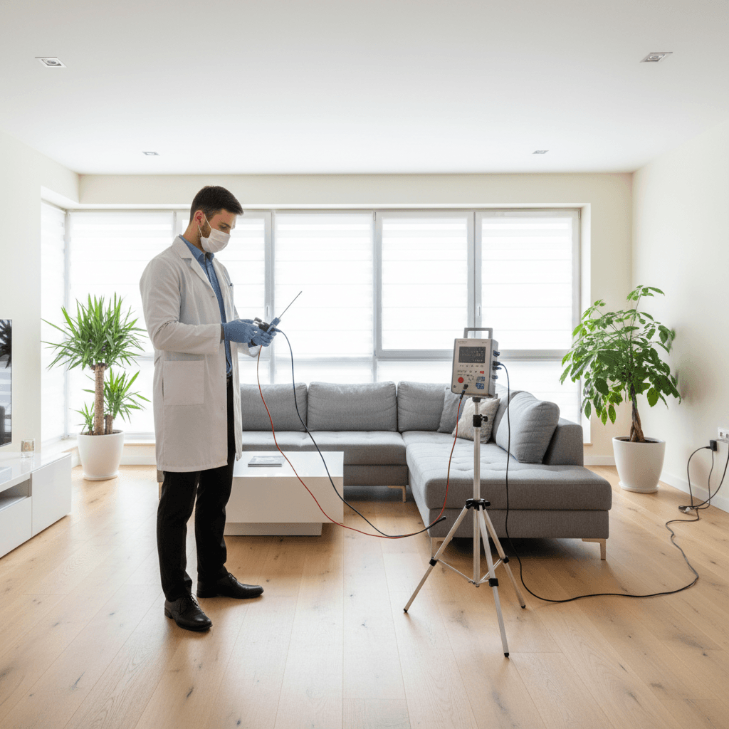 Air quality technician with testing equipment in residential space
