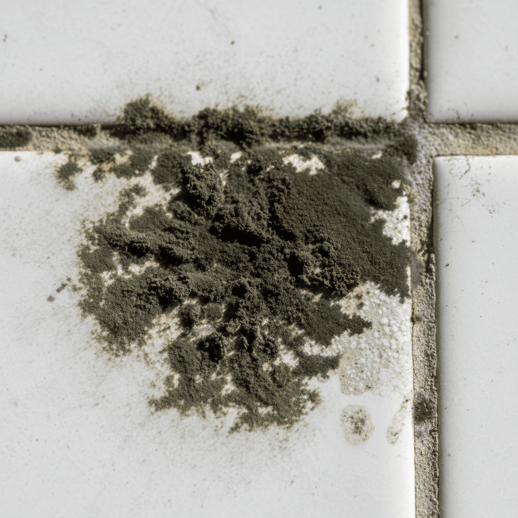 Visible mold growth on bathroom tile grout
